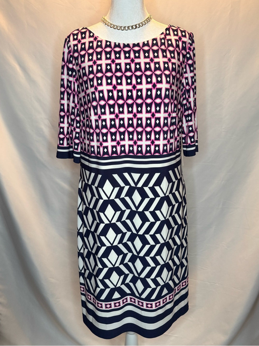 Eliza J Navy and Pink Geometric Midi Dress